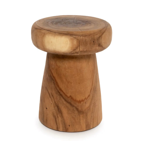 A Suar wood stool featuring a round seat and conical base, elegantly crafted with a smooth, natural finish that highlights the wood grain and texture in warm, natural tones.