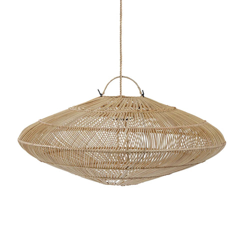 A handmade rattan pendant lamp, featuring a wide, flat, circular shape, hangs gracefully by a single cord. This airy piece of home decor seamlessly blends natural elements with a touch of elegance.