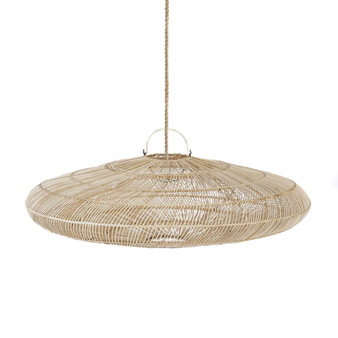 A wide, flat, straw-colored rattan pendant lamp gracefully hangs from a simple cord. This exquisite piece of home decor features an intricate woven design, creating a natural and airy aesthetic that beautifully enhances any space.