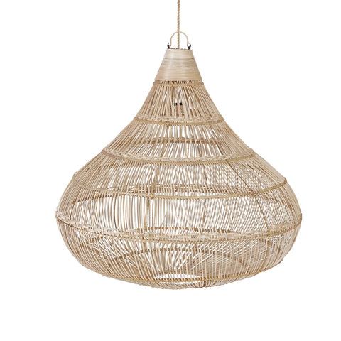 A large, teardrop-shaped pendant lamp with a rattan lamp shade and woven basket design hangs from a cord. The light fixture displays intricate weaving patterns, giving it a rustic and natural appearance, ideal for bohemian or earthy interior decor.