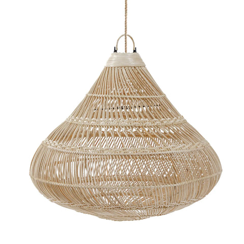 A natural wicker pendant light with a teardrop shape gracefully hangs from a cord. The rattan lamp shade's woven design lets light filter through, creating a warm ambiance. Made from lightweight, tan-colored material, this elegant piece enhances any room with its charming glow.