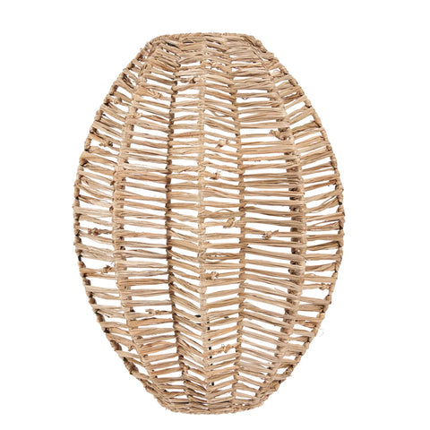 A tall, oval-shaped, open-weave basket made of natural raffia fibers, resembling a woven vase. The intricate pattern forms a lattice structure, showcasing craftsmanship and attention to detail.