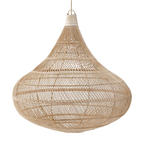 A large, intricately woven rattan pendant lamp with an elongated teardrop shape. The natural fibers create a lattice pattern, giving it a light, airy appearance. Suspended from a simple cord, it's perfect for adding rustic charm to interiors.