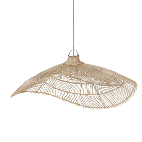 The Mamawaj Pendant, with its whimsical design, features a woven rattan construction in an organic, wavy shape. Hanging from a cord and casting soft shadows, it boasts an airy intricacy that highlights natural fibers and craftsmanship, perfect for modern or bohemian interiors.