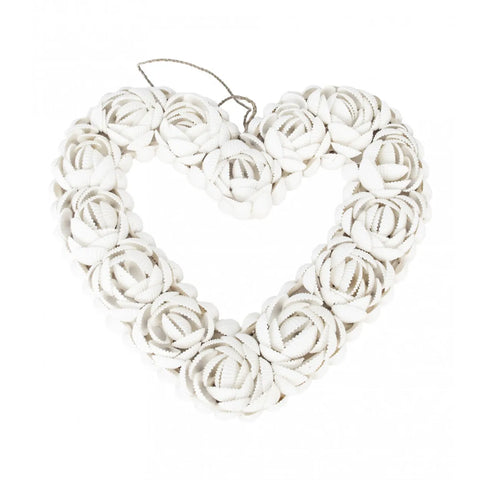 This charming coastal heart is a shell decoration crafted from small seashells arranged in a rose pattern, complete with a natural string for hanging. The white shells create an intricate design, adding a decorative coastal touch against a plain white background.