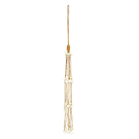 A decorative hanging ornament crafted by Balinese craftsmen, made of strands connected by small, white shells, featuring three tiers of shell arrangements. This bohemian decoration is a handmade hanger that is elegantly suspended by a looped string at the top.