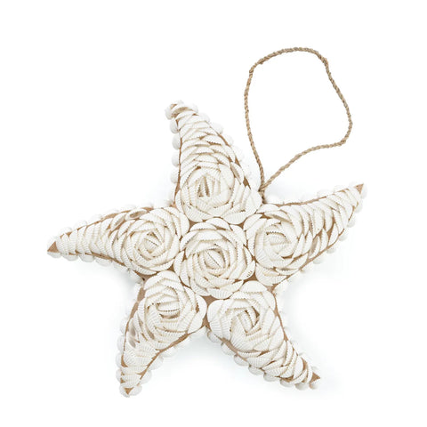 A decorative starfish crafted from small white shells, arranged in intricate spiral patterns, evokes a coastal atmosphere. With a thin rope attached for hanging, it stands out beautifully against the plain white background.