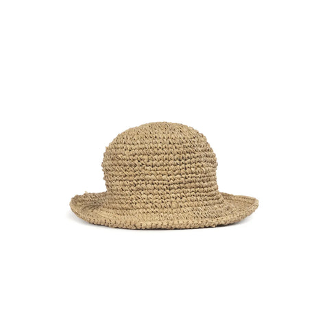 A beige Pantai hat crafted from woven straw with a wide brim is elegantly displayed against a plain white background.