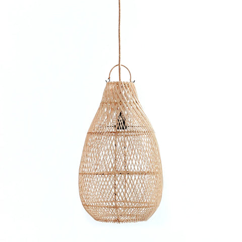 The Kendi Pendant showcases rustic charm with its handwoven rattan basket-like design, featuring intricate woven patterns. This light fixture radiates a natural elegance, perfectly complementing a plain white background.