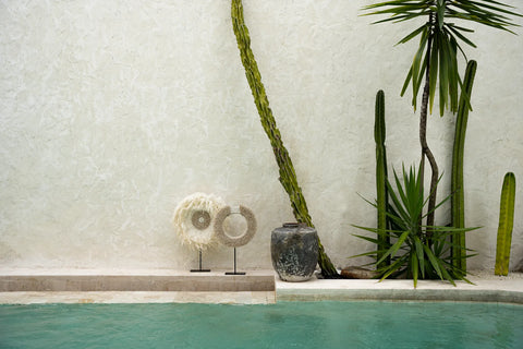 A serene poolside scene with turquoise water, a textured white wall, and three decorative elements: a leafy plant, a large vase, and two sculptural pieces serve as statement pieces. A tall thin cactus and a large palm complete the tranquil setting with a coastal feel.