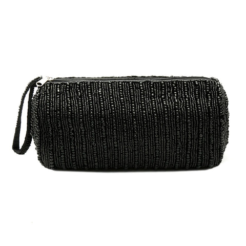 A black textured clutch bag, perfect as a hand-beaded desk accessory, features a woven pattern of shiny beads with a wrist strap and zippered top.