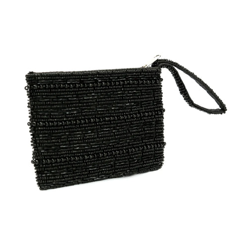 A boho accessory: a black beaded clutch with a textured pattern, featuring a wrist strap and zipper closure, set against a plain white background. Perfect for adding a touch of elegance to any outfit.