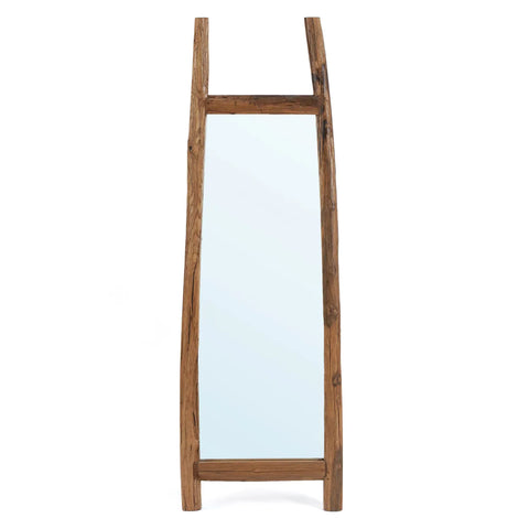 A tall, freestanding full-length mirror with a rustic frame crafted from reclaimed teak wood, featuring a slight curve at the top and bottom sections, against a plain white background.