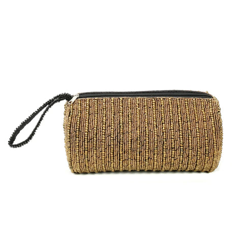 A stylish rectangular beaded clutch with a wrist strap, featuring an intricate pattern of gold beads. It boasts a black zipper closure on top, akin to a chic gold pencil case, showcasing exquisite hand-beaded craftsmanship.