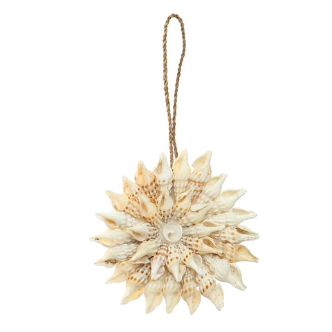 A handmade hanger featuring a circular array of spiky, cream-colored seashells offers a bohemian decoration style. It includes a loop of brown rope for easy hanging, making it an ideal addition to your Xmas tree or any cozy corner.