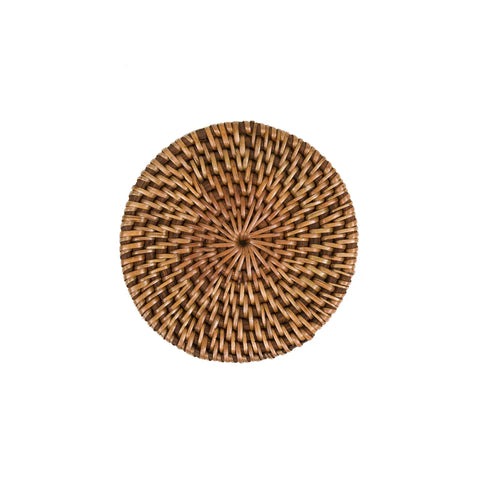 A round, woven wicker basket lid with a tight, circular pattern on a plain white background. The lid boasts natural brown tones and intricate craftsmanship, adding an island style. Its design evokes a tropical touch reminiscent of a well-crafted rattan coaster.