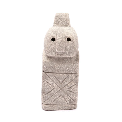 A small, unique stone statue of a stylized human figure with a rectangular body and cylindrical head. Hand-carved from sandstone, it features simple carved facial expressions and geometric patterns on the body, set against a plain white background.