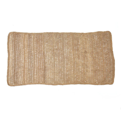 A rectangular woven jute rug with a natural beige color and textured surface, reminiscent of a seagrass carpet. This hardwearing piece boasts a simple, minimalist design against a plain white background.