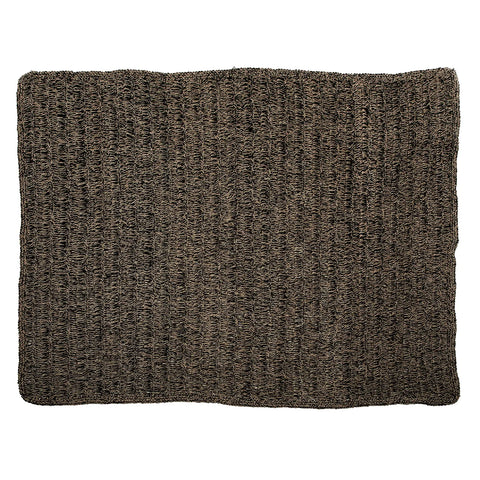 A rectangular area rug in a dark brown, textured weave. This hardwearing rug features a consistent pattern with a natural black, rustic appearance, perfect for adding warmth to interior spaces.