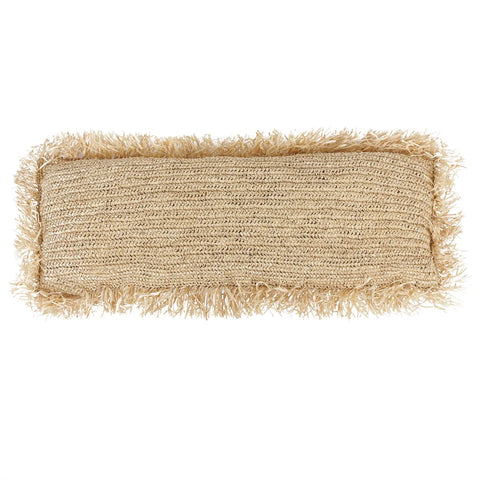 A rectangular woven straw mat with fringed edges and textured with a natural, earthy appearance. Handwoven in a simple, rustic design, it complements boho decor perfectly with its light beige color and laid-back charm.