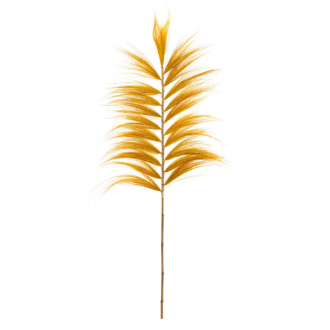 A single stalk with bright yellow, feathery fronds radiating from a central stem, resembling a handmade grass leaf. The background is plain white, highlighting the vivid color and delicate texture of this decorative element.