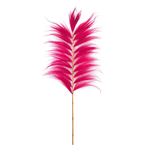 A bright pink feather with long, wispy strands attached to a thin, straight tan stem evokes the elegance of a decorative element against a white background.