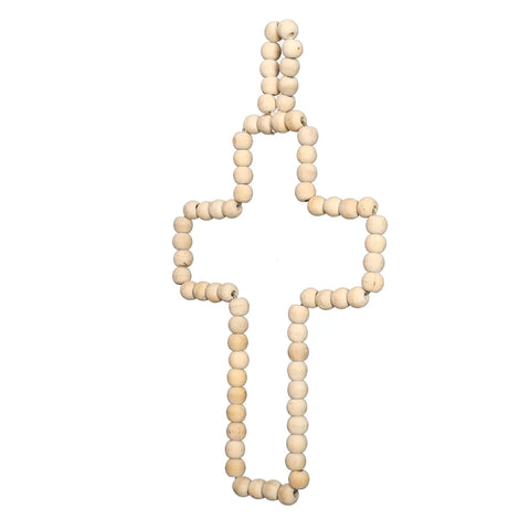 A decorative cross formed by a string of evenly spaced, round wooden pearls. The light-colored beads are neatly arranged, creating a simple, handmade look against a white background.