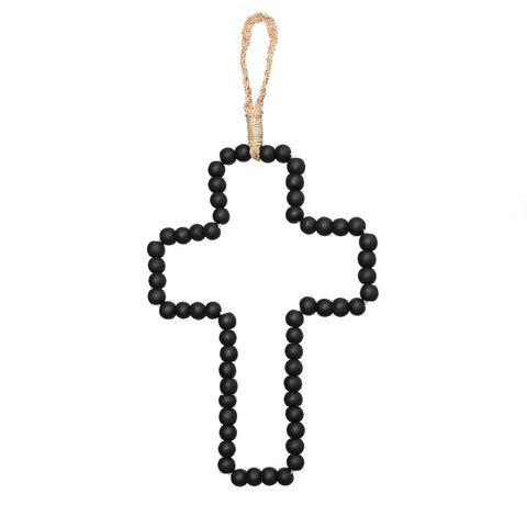 A handmade, cross-shaped hanging decoration crafted from black beads and wooden pearls, featuring a natural twine loop at the top for easy display.