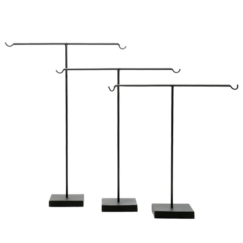 Three black metal keychain holders feature rectangular bases and T-shaped bars at varying heights, perfect for showcasing necklaces or bracelets. Ideal for adding a touch of elegance to your home interior decor.