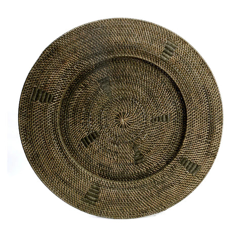 A round, woven wicker basket with a tightly knit design, this handwoven plate showcases a circular pattern with darker woven accents evenly spaced around the center. Perfect for an ethnic wall display, it exudes a natural vibe that complements any decor.