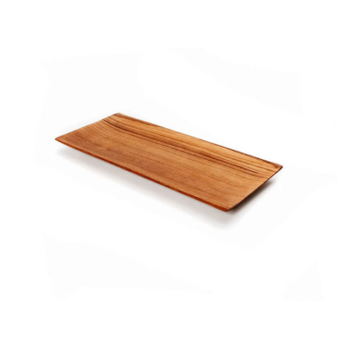 A natural wood tray, crafted from teak with a smooth finish and beautiful grain pattern, rests elegantly against a plain white background.