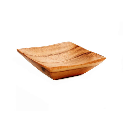 A square, shallow teak bowl with a smooth, natural finish set against a plain white background, perfect for small jewelry storage or multifunctional use.