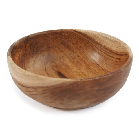 A smooth, round wooden bowl with rustic charm, crafted from sustainably sourced materials with a natural grain pattern, displayed against a plain white background.