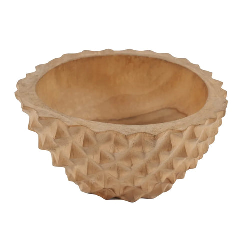 A decorative centerpiece, this durian bowl boasts a textured geometric pattern on its exterior. Crafted from teak wood, the interior is smooth, showcasing the wood's natural grain. Set against a plain white background, it exudes elegance and artistry.