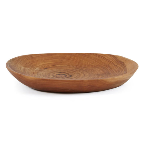 A shallow, round wooden bowl, crafted from sustainably sourced teak root, boasts a smooth, polished finish. The visible grain pattern enhances its rustic charm. Handmade with care, the bowl sits empty against a white background, exuding timeless elegance.