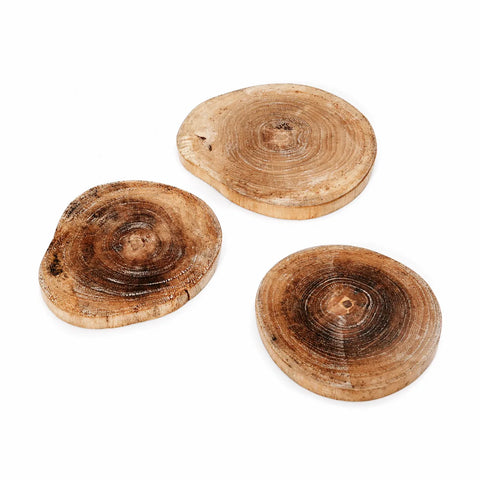 Three boho chic teak root coasters with natural tree ring patterns are arranged on a white background. Each coaster has a unique shape and texture, showcasing varied shades of brown that enhance their natural look.