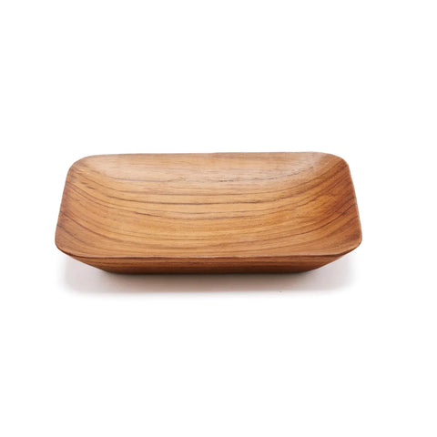 A rectangular wooden bowl crafted from sustainably sourced teak root, featuring smooth, curved edges and unique wood patterns. This handmade natural product is beautifully set against a white background.