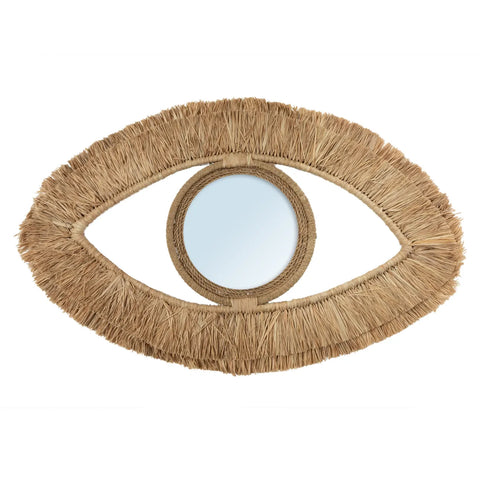 The Raffia Eye Mirror features a circular reflective surface at the center, surrounded by a textured frame resembling straw or woven grass. This stunning piece enhances any boho decor with its decorative flair, making it a perfect addition to coastal decor settings.