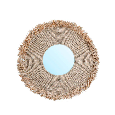 Round mirror with a rustic frame made of woven raffia, featuring a fringe of natural fibers for a bohemian or coastal vibe. This stylish mirror reflects light beautifully, adding a decorative touch to any natural home decor.