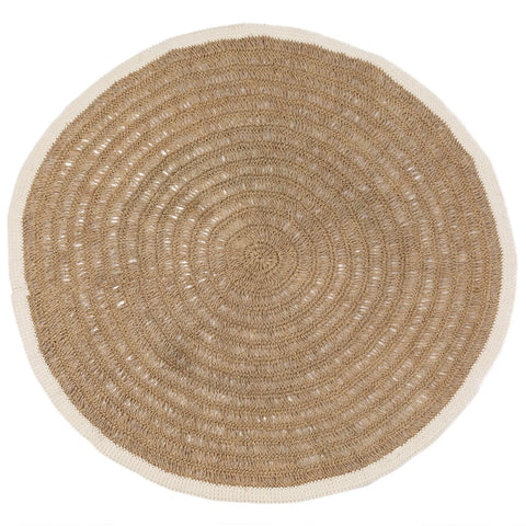 A round, woven jute rug with a natural light brown hue and a simple, concentric circular pattern. Designed for durability, this hardwearing rug features a small white border around the edge, adding elegance to its earthy charm.