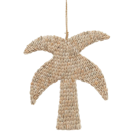 This hand-made hanging decoration features a palm tree crafted from intricately arranged small shells, creating a natural, textured appearance. Suspended by a thin rope at the top, it's an elegant addition to any space.