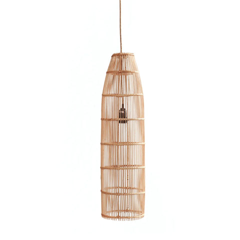 A tall, cylindrical rattan lamp with a natural, woven texture hangs against a white background. This boho lamp's minimalist design showcases an internal light bulb visible through the open lattice pattern, adding an organic touch to any space.