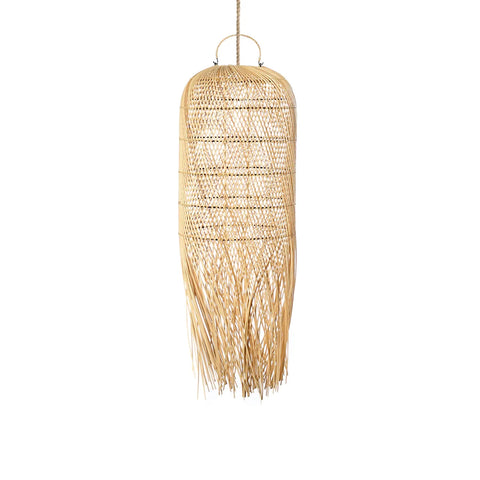 A woven bamboo and rattan pendant light with a cylindrical shape and fringe details hanging down. The natural color and intricate pattern give this boho lamp a rustic, bohemian aesthetic.