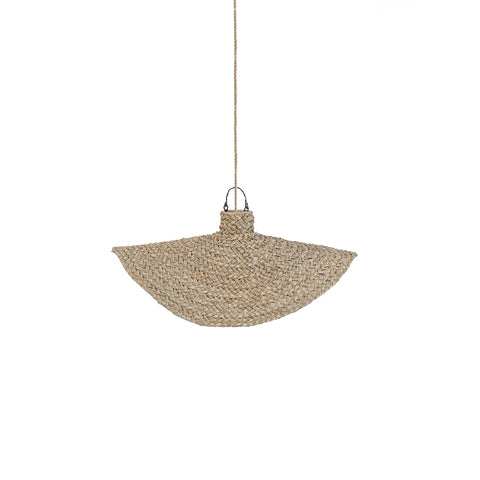 An organic pendant light with a woven natural fiber shade crafted from water hyacinth, featuring a wide, flat design. It is suspended by a cord, offering a minimalist and rustic appearance reminiscent of a coastal paradise against a plain white background.