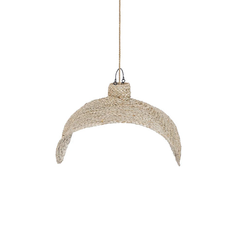 A pendant light with an organic, woven water hyacinth shade hangs gracefully from a thin cord against a plain white backdrop. The shade's unique, curved design resembles a wide-brimmed hat, perfect for evoking a coastal paradise ambiance.