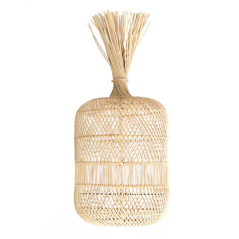 A beige woven wicker basket with a round body and open top, featuring a bundle of loose strands fanning out at the top. With intricate patterns, it evokes the charm of a boho lamp, creating a lightweight, airy appearance against a white background.