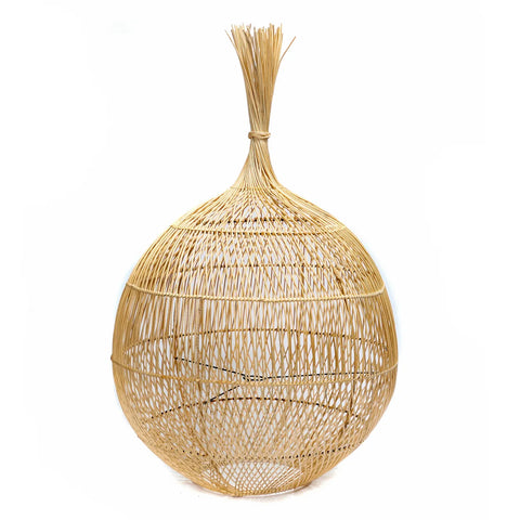 A large, round boho rattan lampshade with an open-weave design and a pointed top. The natural, light brown rattan is woven in a vertical pattern, creating an airy and organic look that's perfect for adding a touch of rustic elegance to any space.