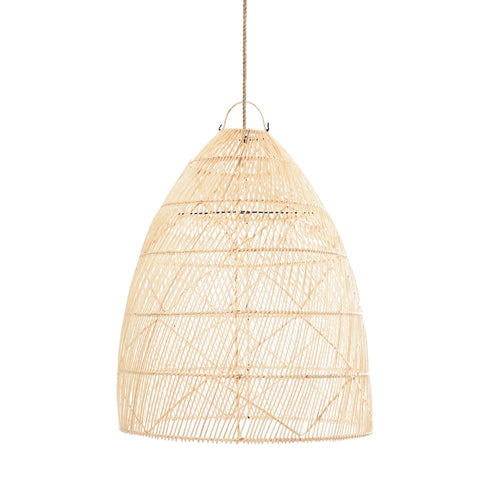 A beige, dome-shaped rattan pendant lampshade hangs from a cord, embodying boho style. The intricate woven pattern creates a textured appearance, providing a natural and rustic feel.