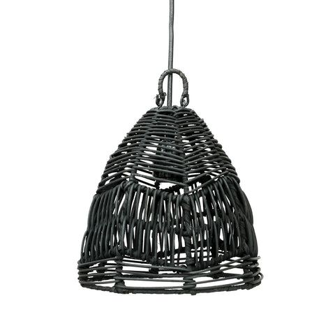 A black rattan pendant light with a woven, dome-shaped structure hangs from a cord. This boho lamp's intricate pattern creates a textured appearance, adding a handcrafted rustic touch to interior decor.