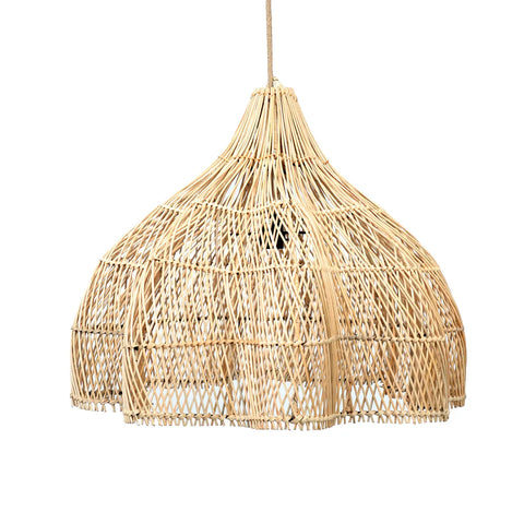 A woven rattan pendant lamp gracefully hangs from the ceiling, embodying boho style. Its dome shape features an open, airy structure, allowing light to filter through beautifully as decorative lighting.